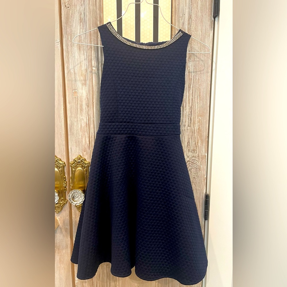 Dorissa Girl - size 8 - elegant navy dress with rhinestones neck detail